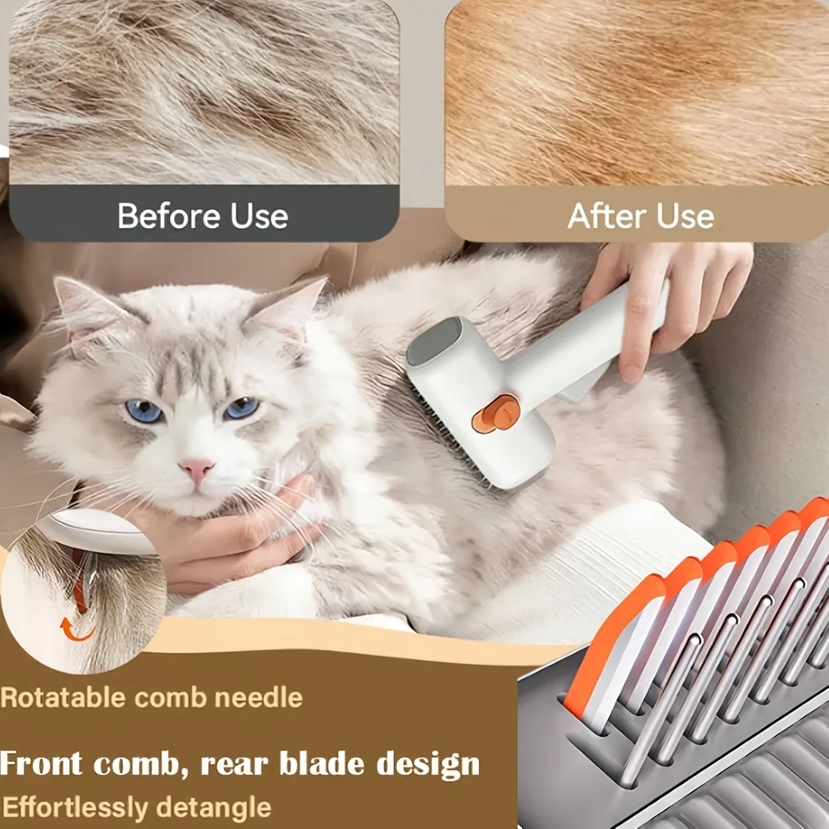 2-in-1 Pet Grooming Brush Detangler Comb One-Click Clean Deshedding Tool - detail