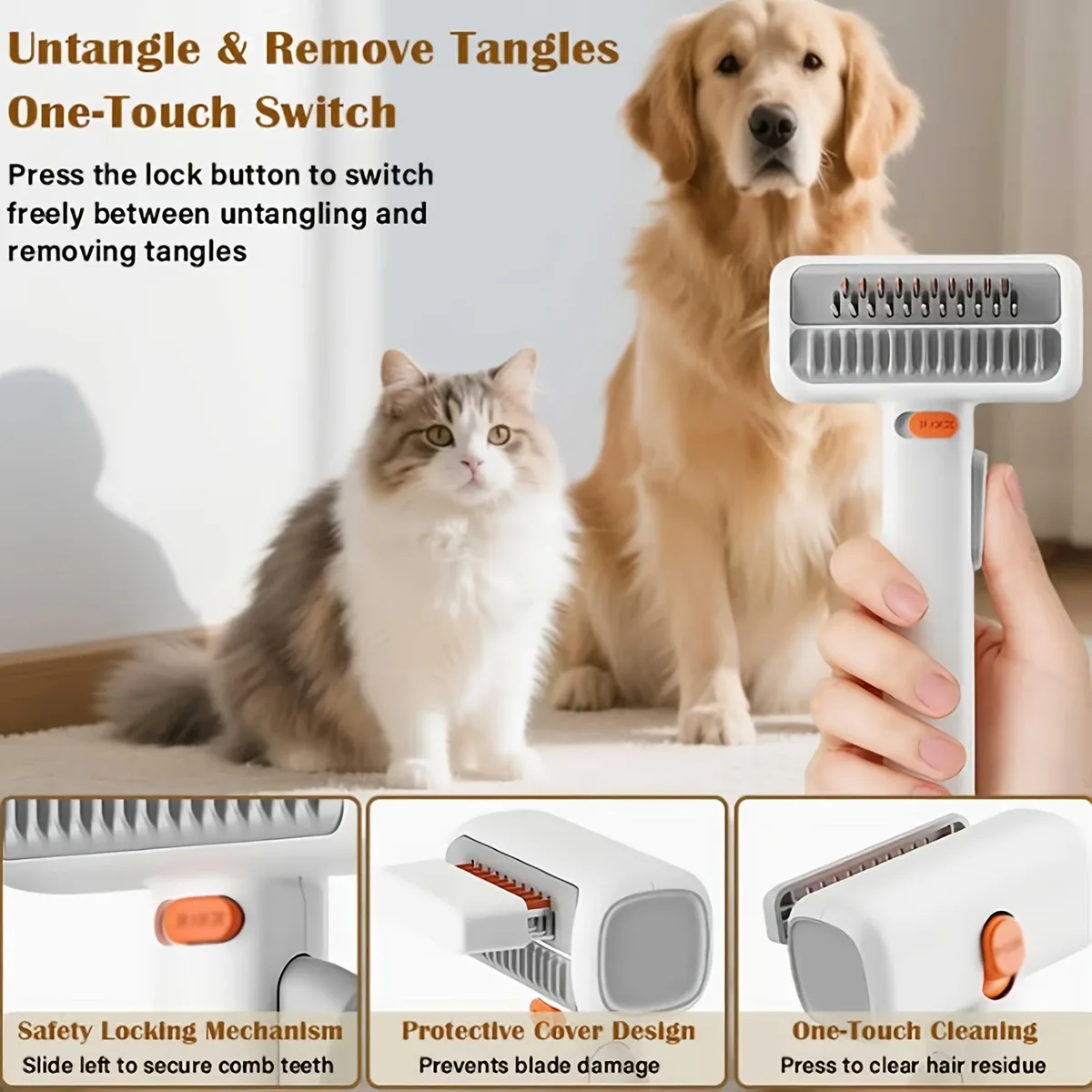 2-in-1 Pet Grooming Brush Detangler Comb One-Click Clean Deshedding Tool - detail