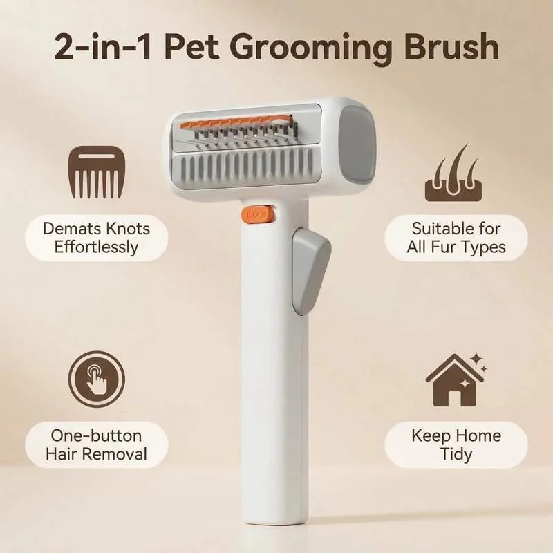 2-in-1 Pet Grooming Brush Detangler Comb One-Click Clean Deshedding Tool