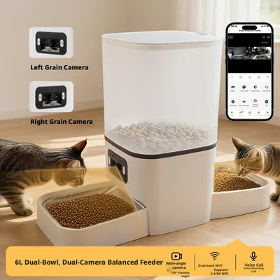 6L Smart WiFi Pet Feeder HD Camera Voice Recording Double Bowls Automatic