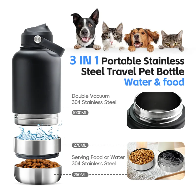 32oz 3 in 1 Portable Stainless Steel Pet Travel Water Bottle with Food Container - detail