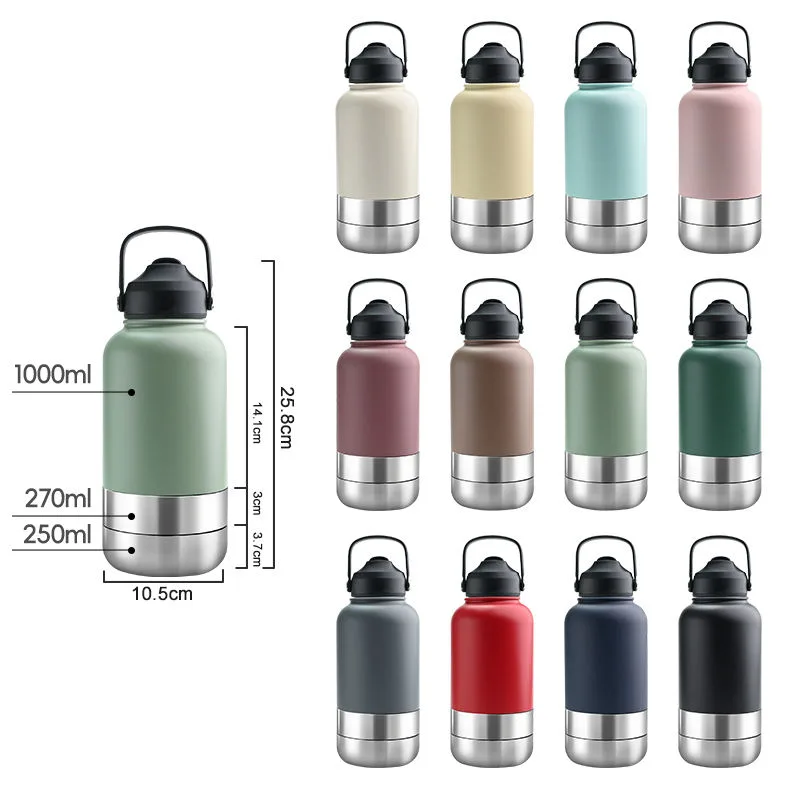 32oz 3 in 1 Portable Stainless Steel Pet Travel Water Bottle with Food Container