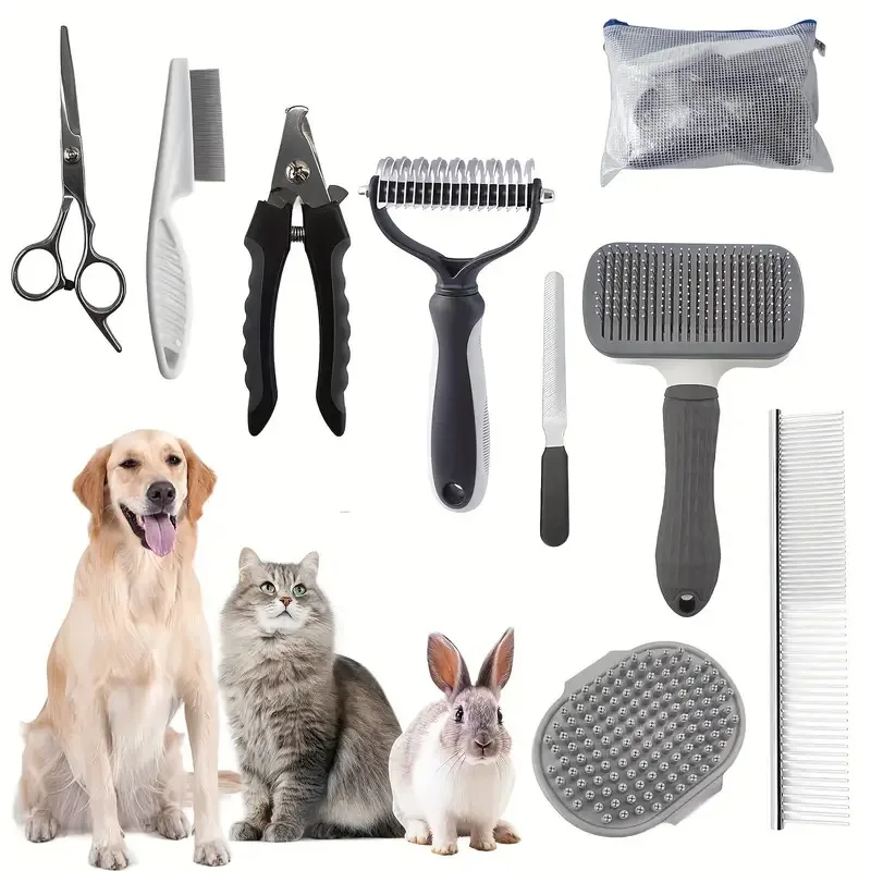 9 in 1 Pet Grooming Combo Kit Nail Clipper File Deshedding Rake Comb Brush - detail