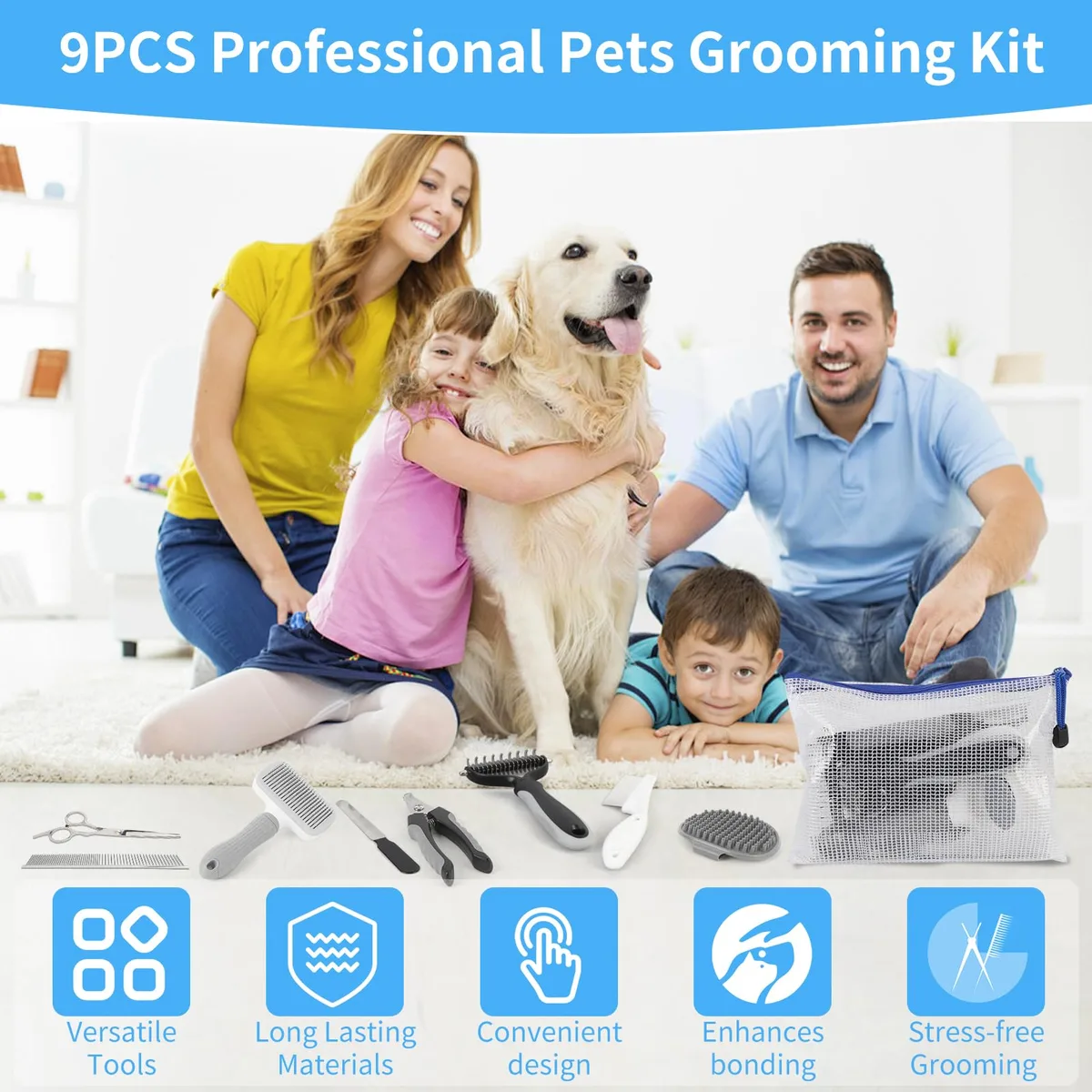 9 in 1 Pet Grooming Combo Kit Nail Clipper File Deshedding Rake Comb Brush - detail