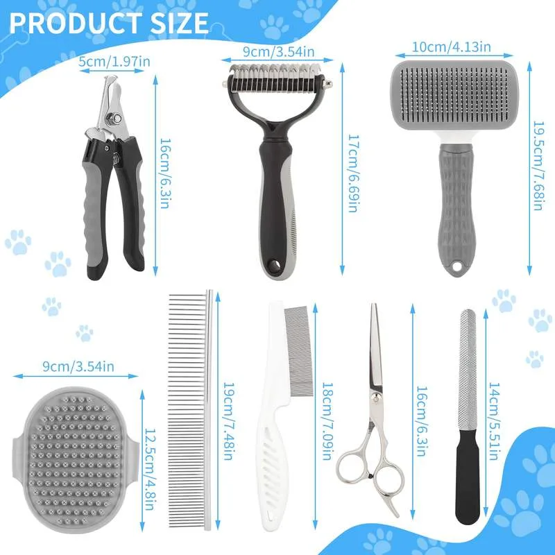 9 in 1 Pet Grooming Combo Kit Nail Clipper File Deshedding Rake Comb Brush